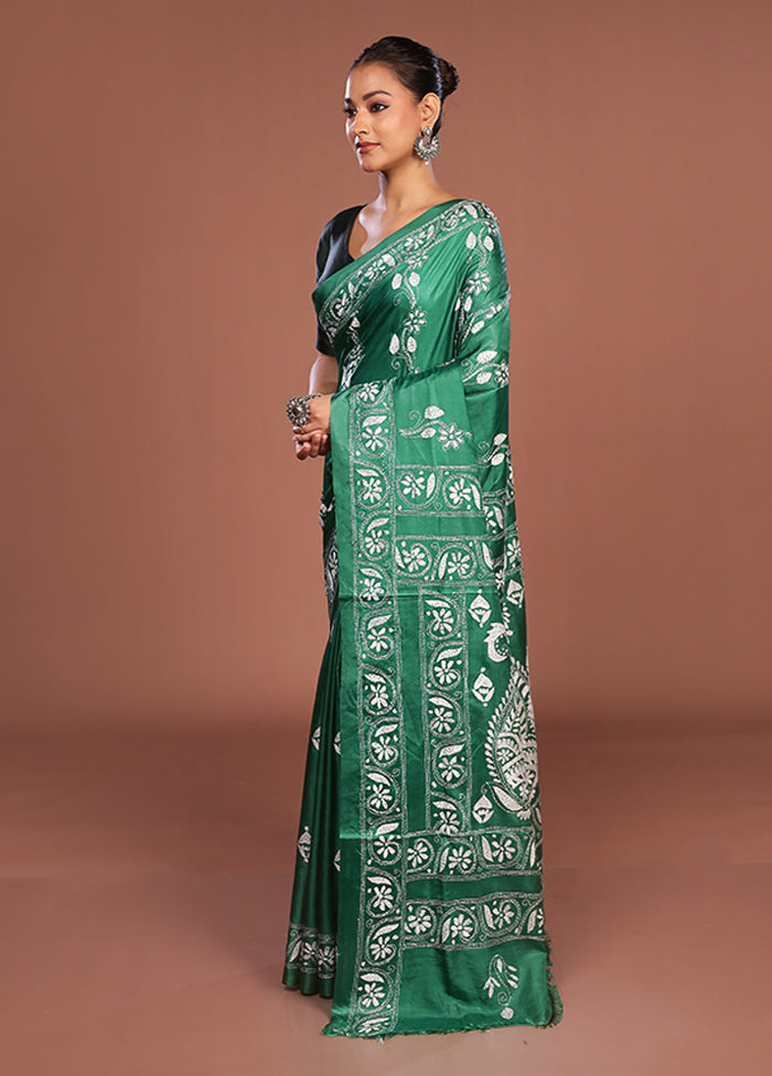 Green Kantha Stitch Silk Saree With Blouse Piece