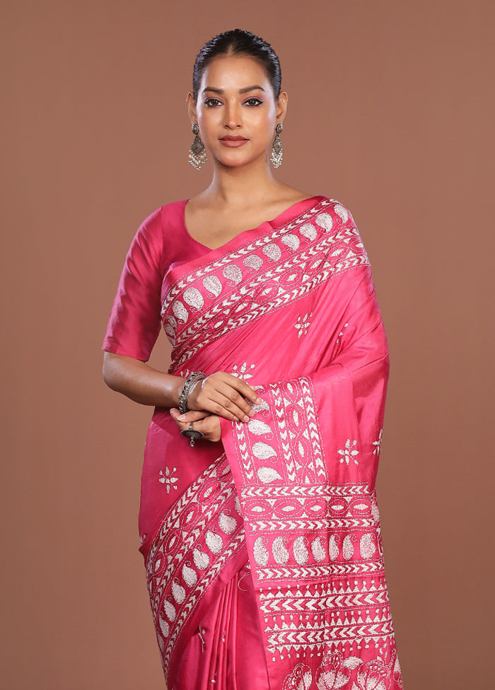 Pink Kantha Stitch Silk Saree With Blouse Piece