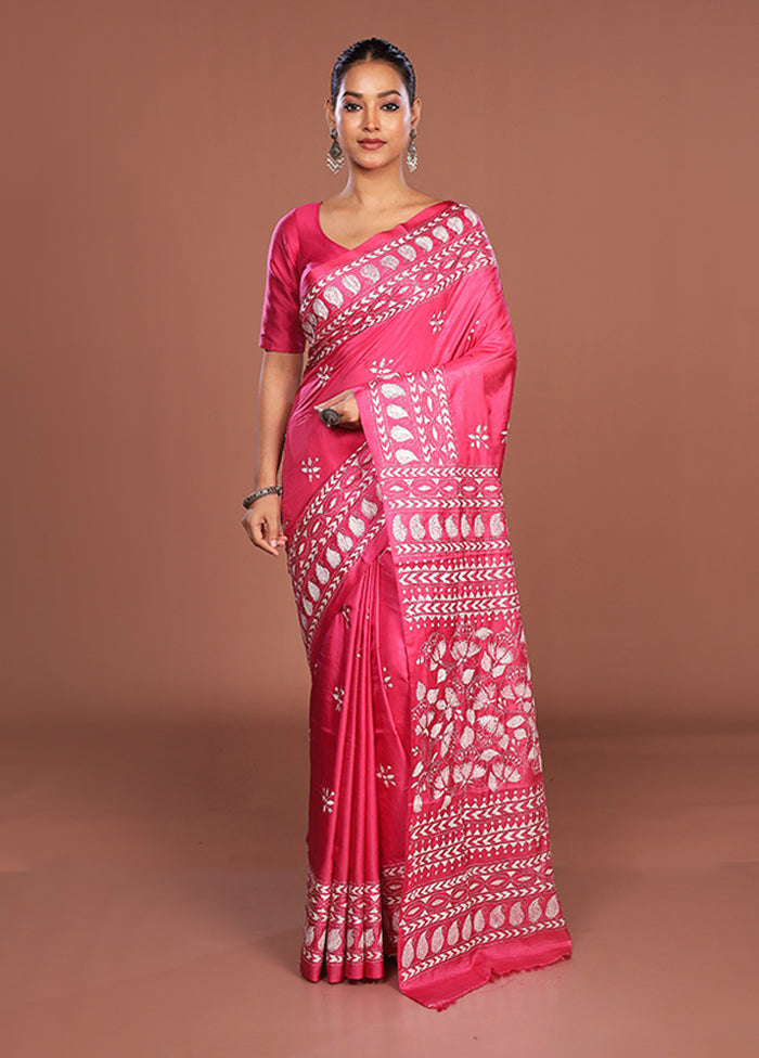 Pink Kantha Stitch Silk Saree With Blouse Piece
