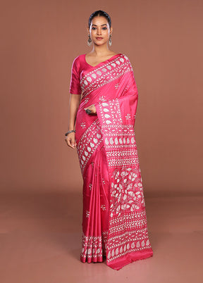 Pink Kantha Stitch Silk Saree With Blouse Piece