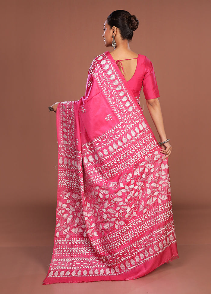Pink Kantha Stitch Silk Saree With Blouse Piece