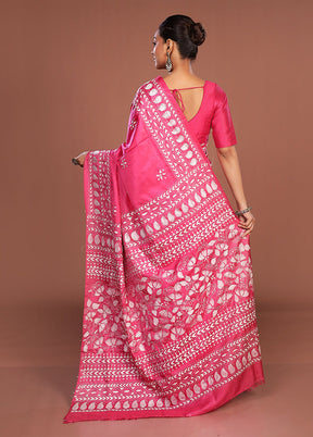 Pink Kantha Stitch Silk Saree With Blouse Piece