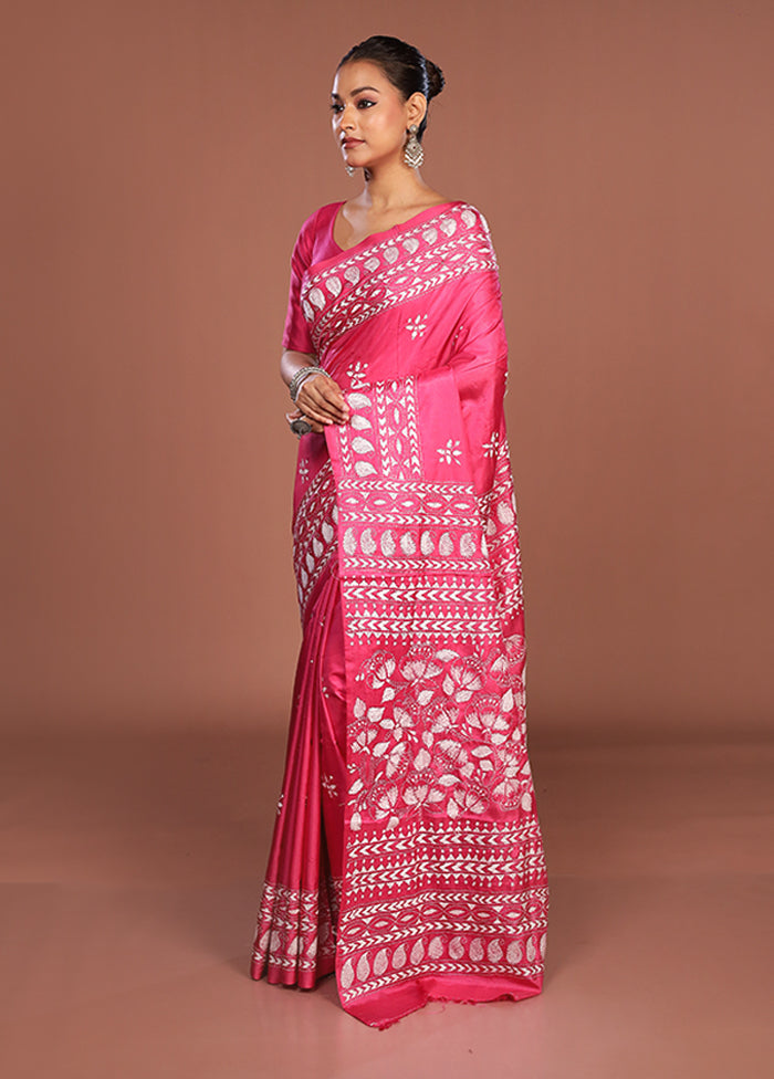 Pink Kantha Stitch Silk Saree With Blouse Piece