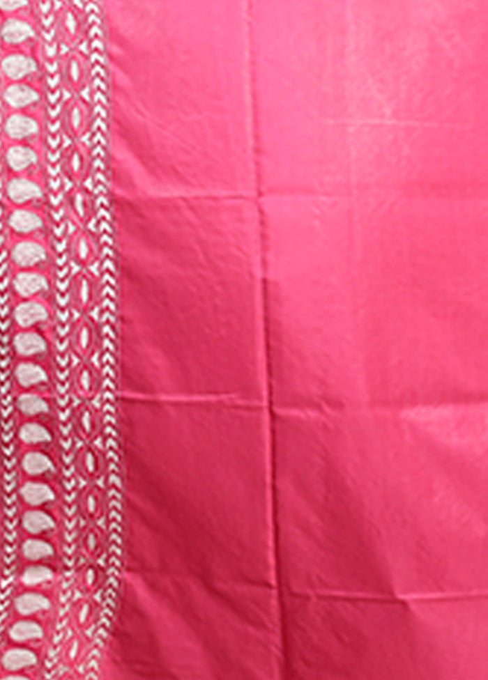 Pink Kantha Stitch Silk Saree With Blouse Piece