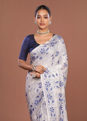 White Kantha Stitch Silk Saree With Blouse Piece