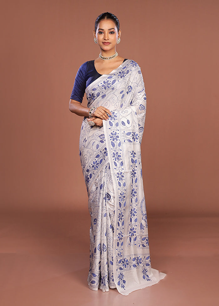White Kantha Stitch Silk Saree With Blouse Piece
