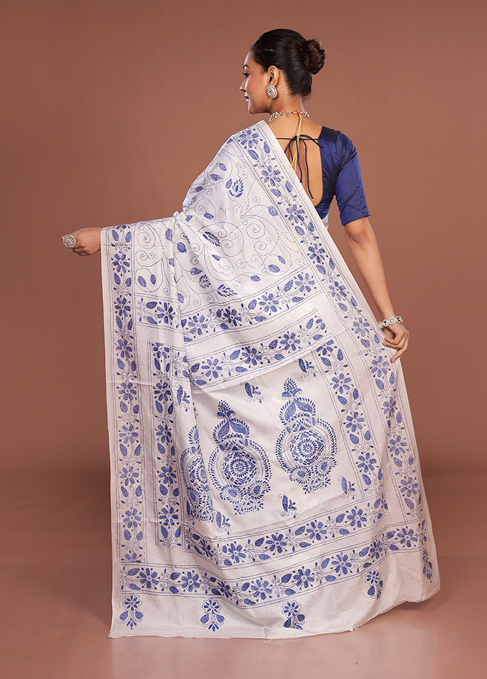 White Kantha Stitch Silk Saree With Blouse Piece