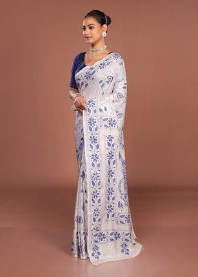 White Kantha Stitch Silk Saree With Blouse Piece