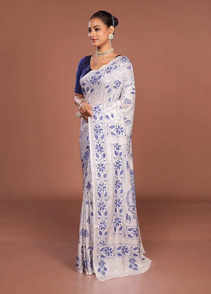 White Kantha Stitch Silk Saree With Blouse Piece
