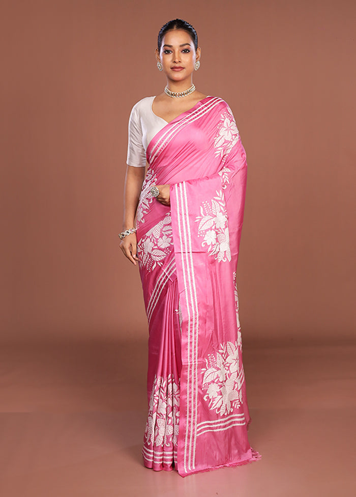 Pink Kantha Stitch Silk Saree With Blouse Piece