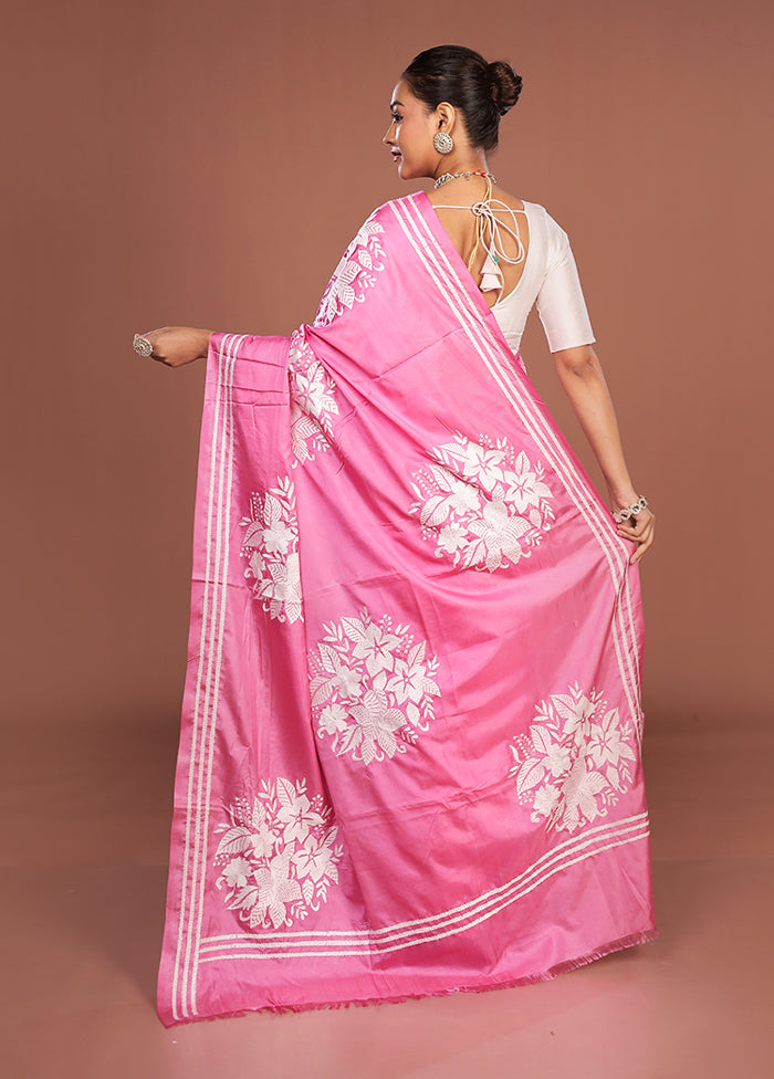 Pink Kantha Stitch Silk Saree With Blouse Piece