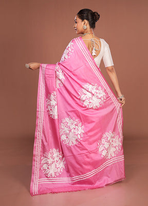 Pink Kantha Stitch Silk Saree With Blouse Piece