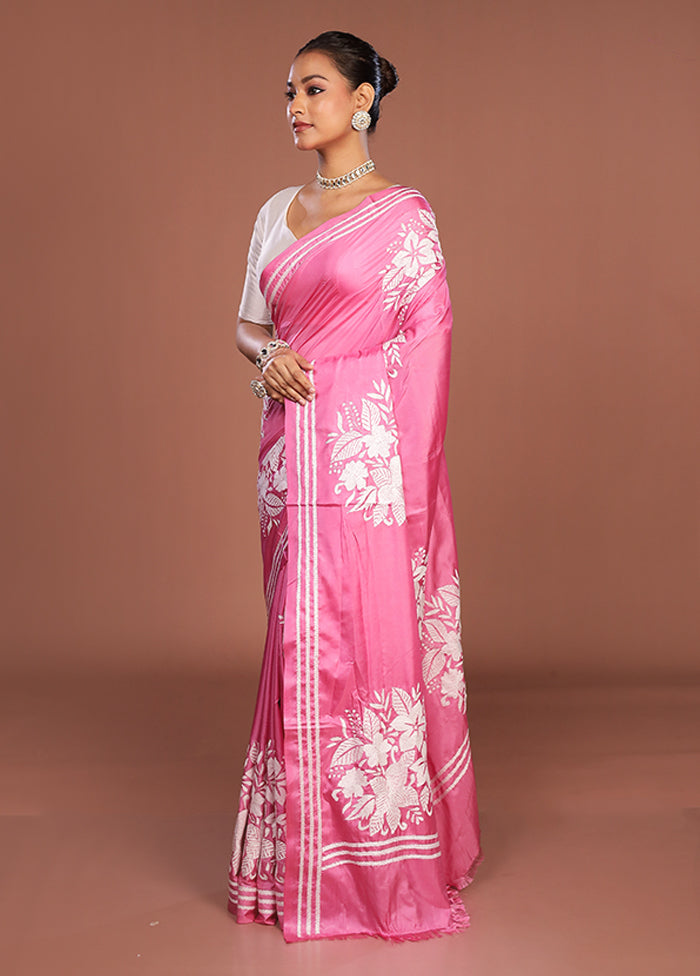 Pink Kantha Stitch Silk Saree With Blouse Piece