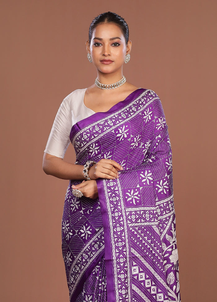 Purple Kantha Stitch Silk Saree With Blouse Piece