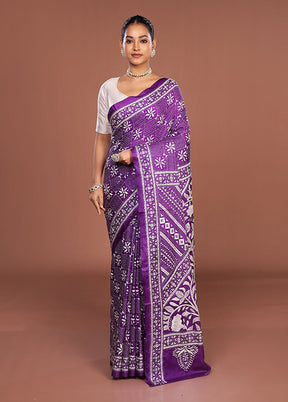 Purple Kantha Stitch Silk Saree With Blouse Piece