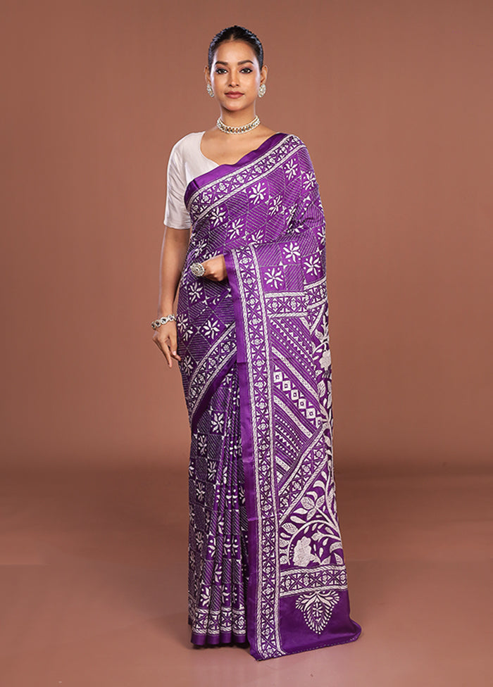 Purple Kantha Stitch Silk Saree With Blouse Piece