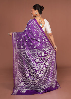 Purple Kantha Stitch Silk Saree With Blouse Piece