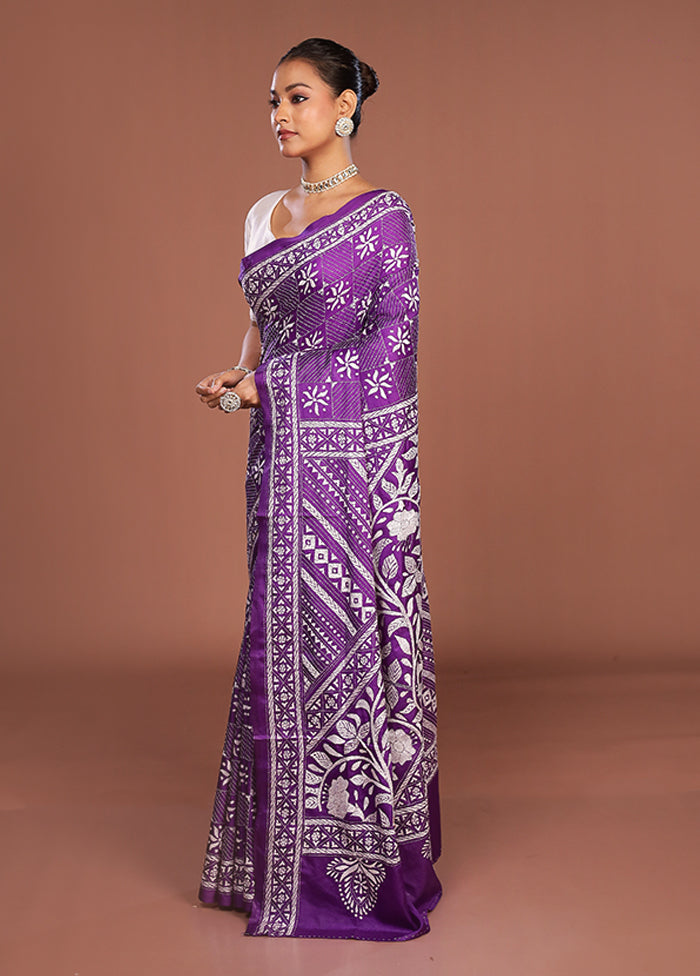 Purple Kantha Stitch Silk Saree With Blouse Piece