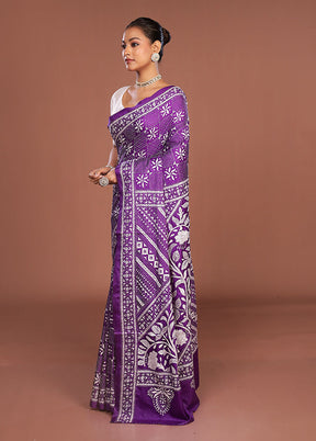 Purple Kantha Stitch Silk Saree With Blouse Piece