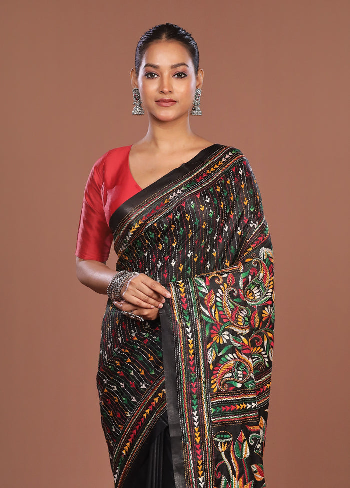 Black Kantha Stitch Silk Saree With Blouse Piece