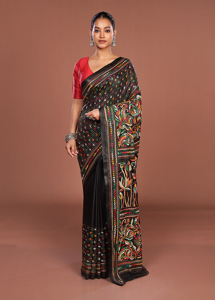 Black Kantha Stitch Silk Saree With Blouse Piece