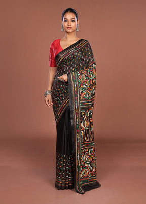Black Kantha Stitch Silk Saree With Blouse Piece