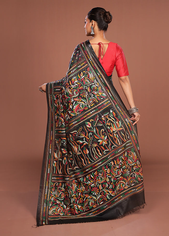 Black Kantha Stitch Silk Saree With Blouse Piece