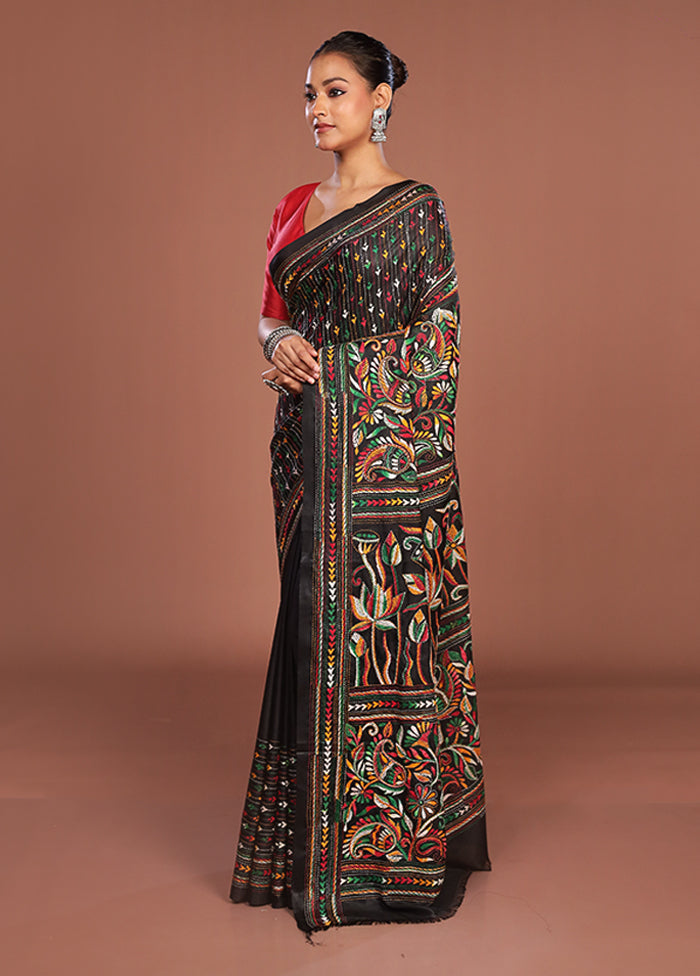 Black Kantha Stitch Silk Saree With Blouse Piece