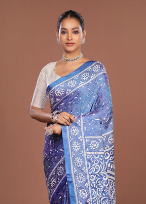 Blue Kantha Stitch Silk Saree With Blouse Piece