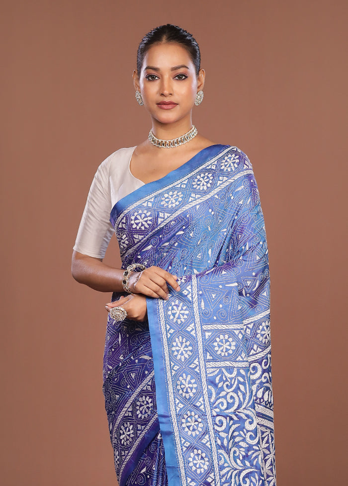 Blue Kantha Stitch Silk Saree With Blouse Piece