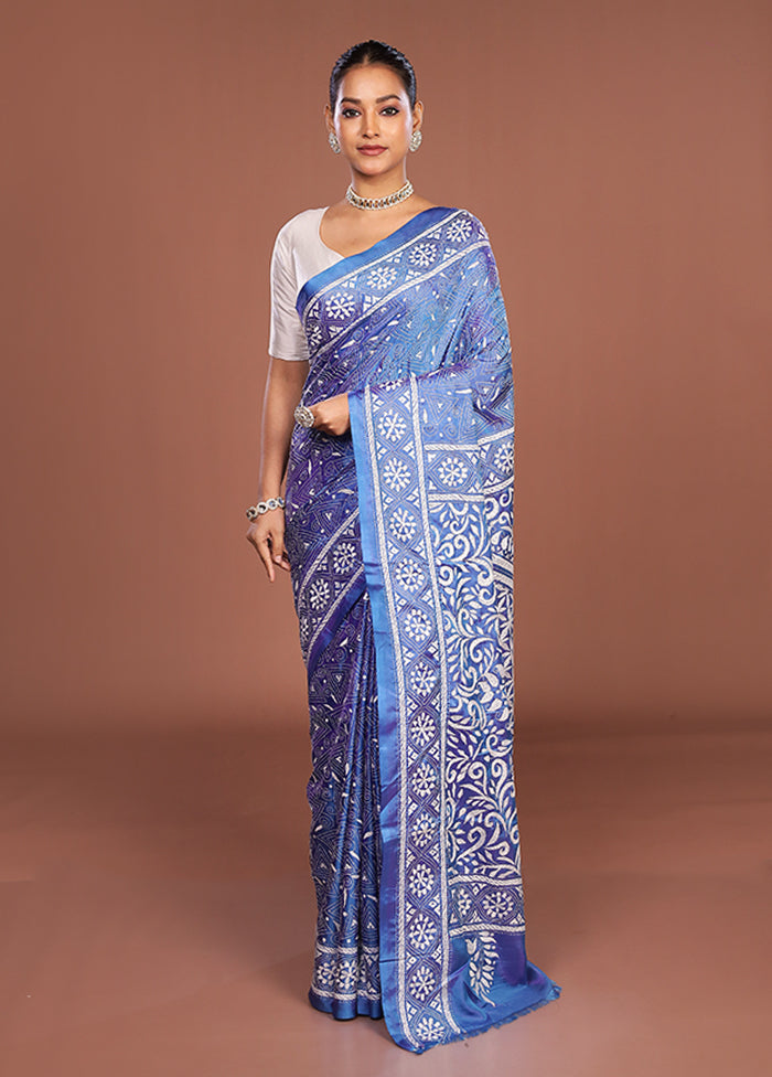Blue Kantha Stitch Silk Saree With Blouse Piece