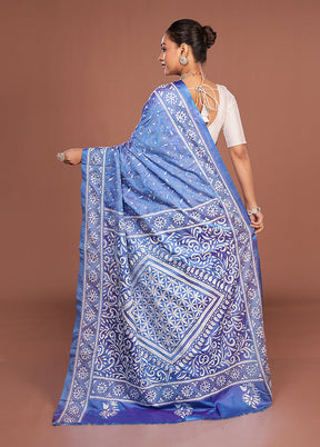 Blue Kantha Stitch Silk Saree With Blouse Piece