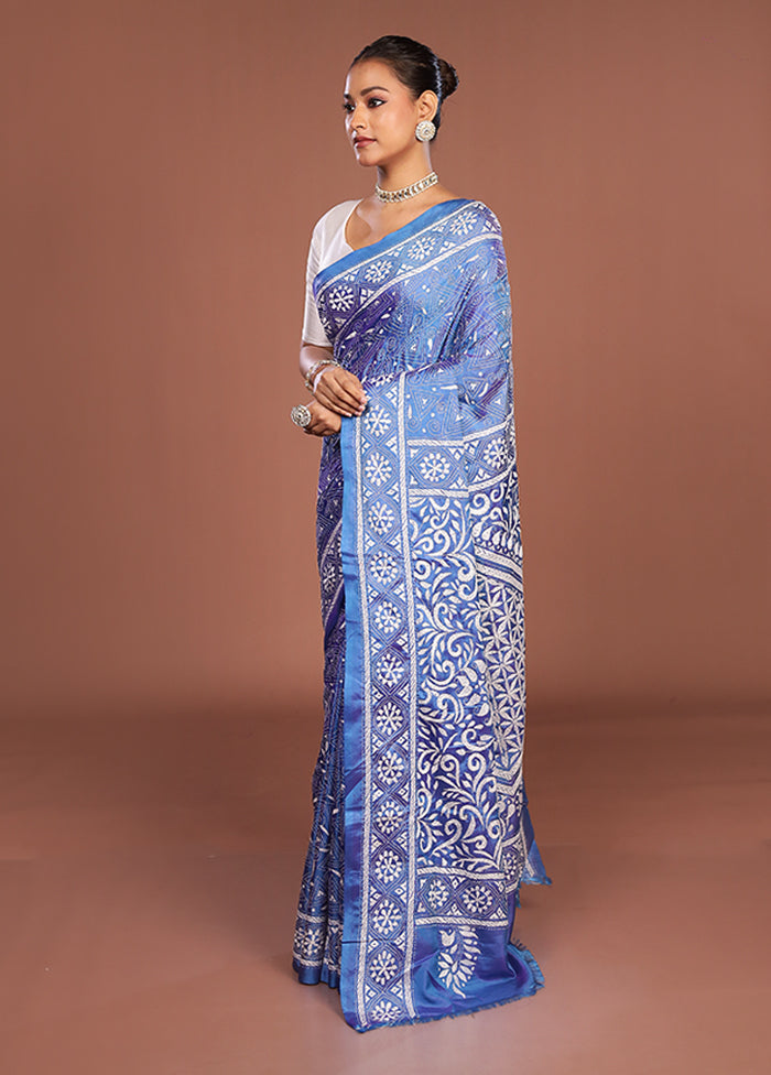 Blue Kantha Stitch Silk Saree With Blouse Piece