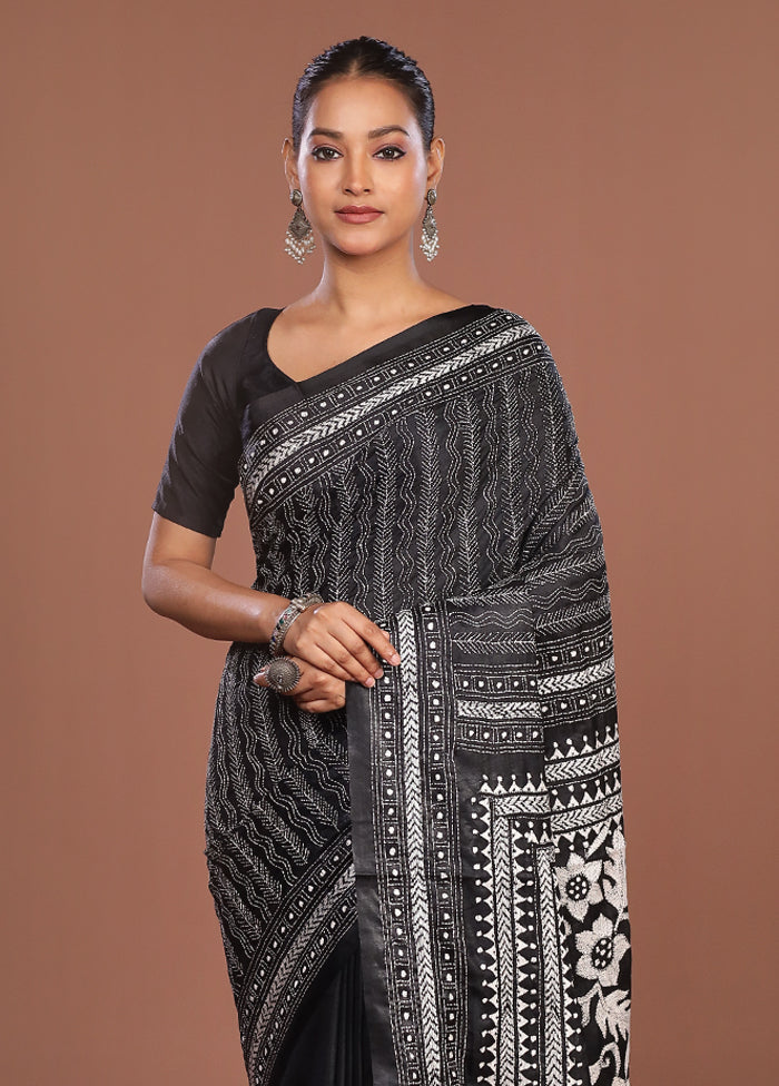 Black Kantha Stitch Silk Saree With Blouse Piece