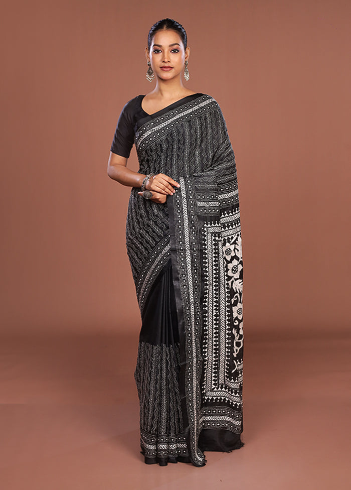 Black Kantha Stitch Silk Saree With Blouse Piece