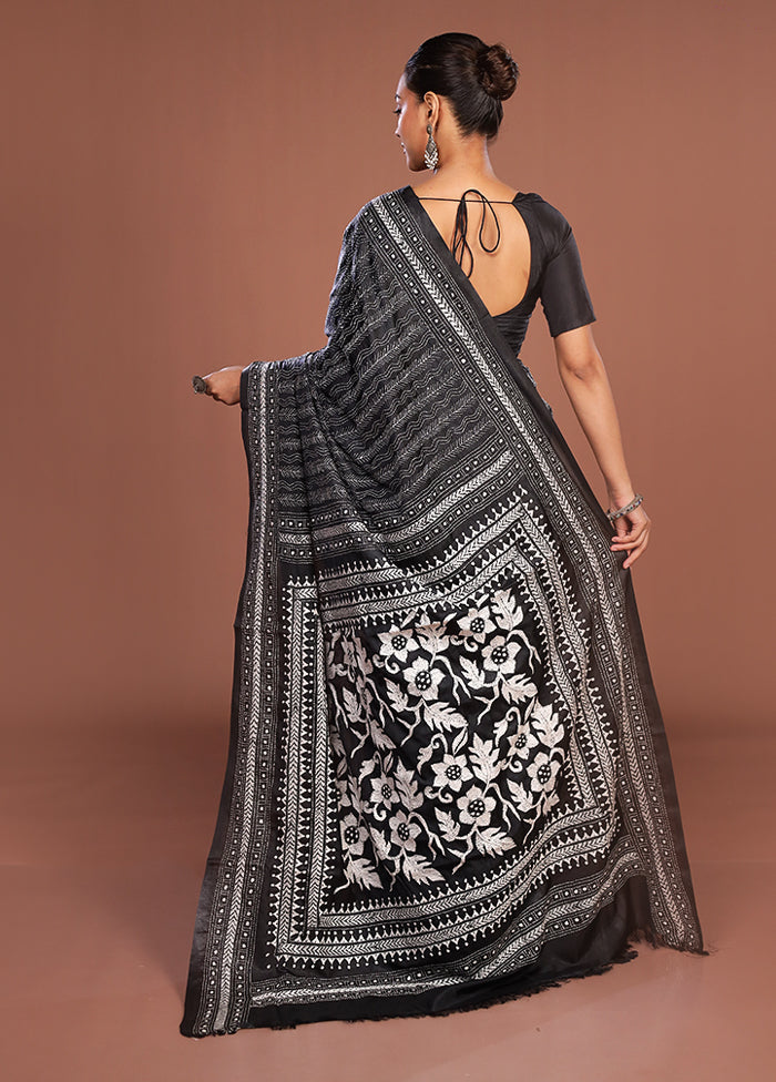 Black Kantha Stitch Silk Saree With Blouse Piece