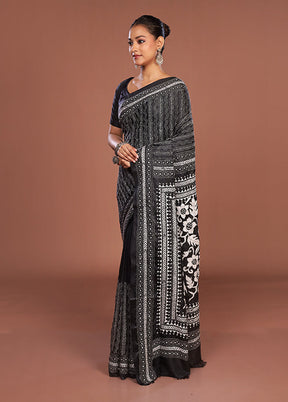 Black Kantha Stitch Silk Saree With Blouse Piece