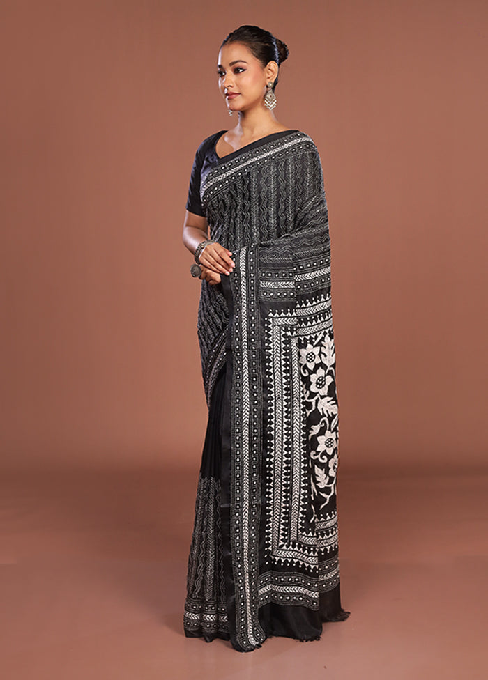Black Kantha Stitch Silk Saree With Blouse Piece