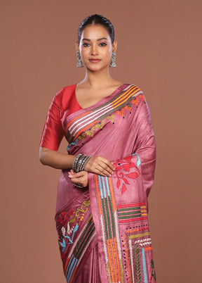Pink Kantha Stitch Silk Saree With Blouse Piece