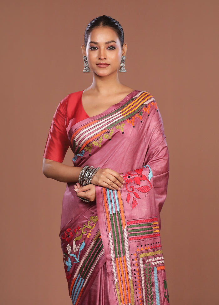 Pink Kantha Stitch Silk Saree With Blouse Piece
