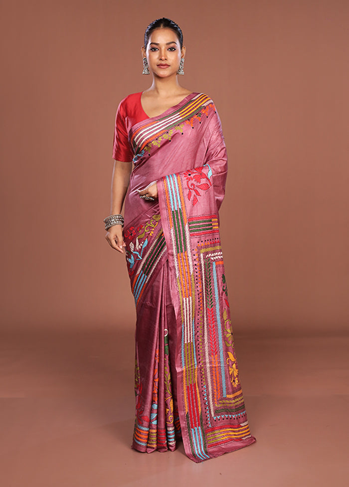Pink Kantha Stitch Silk Saree With Blouse Piece