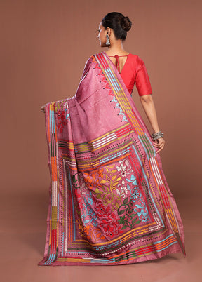 Pink Kantha Stitch Silk Saree With Blouse Piece