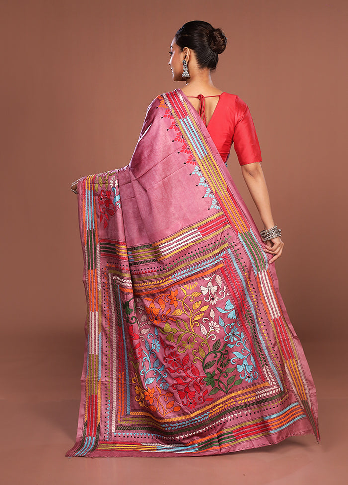 Pink Kantha Stitch Silk Saree With Blouse Piece