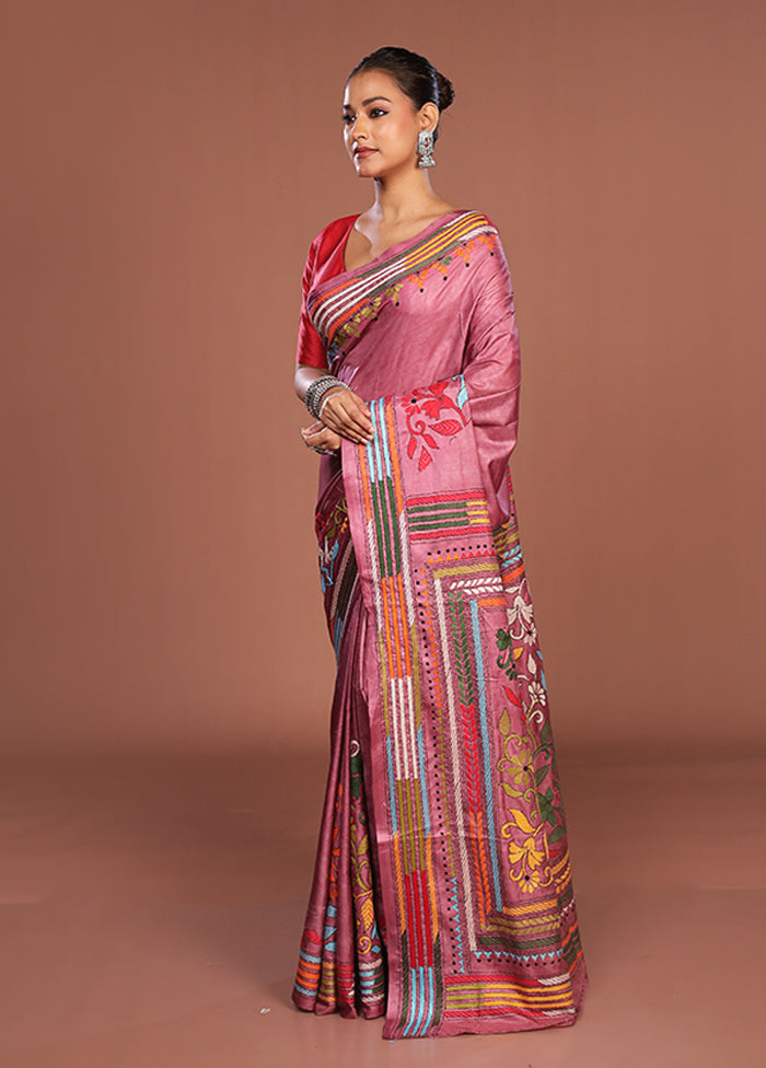 Pink Kantha Stitch Silk Saree With Blouse Piece