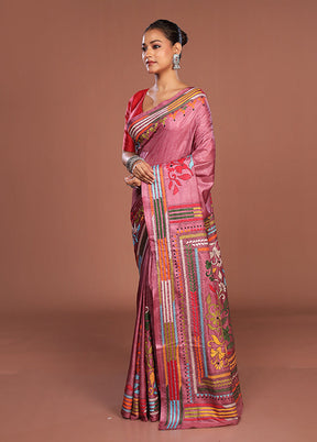 Pink Kantha Stitch Silk Saree With Blouse Piece