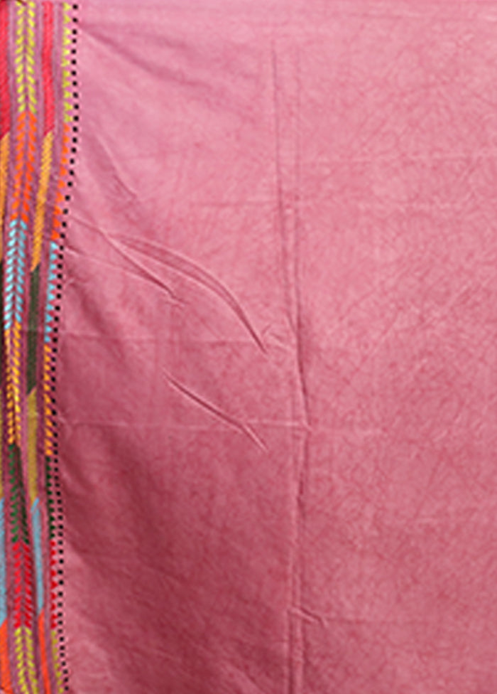 Pink Kantha Stitch Silk Saree With Blouse Piece