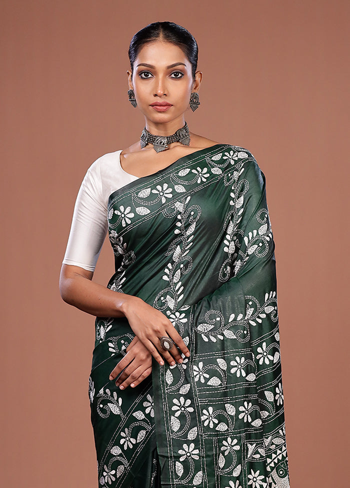 Green Kantha Stitch Silk Saree With Blouse Piece