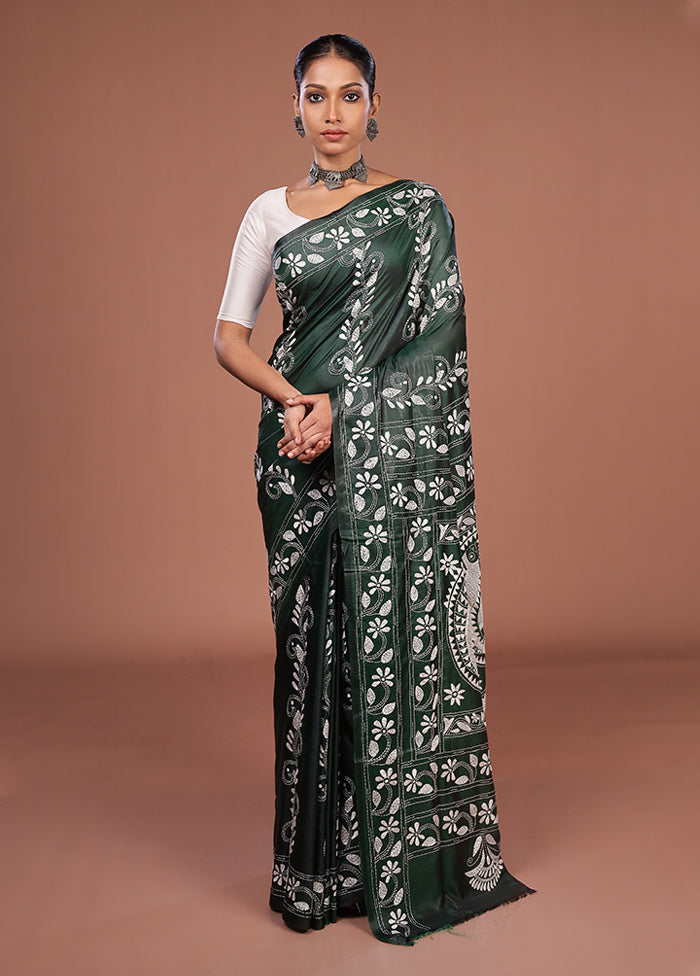 Green Kantha Stitch Silk Saree With Blouse Piece
