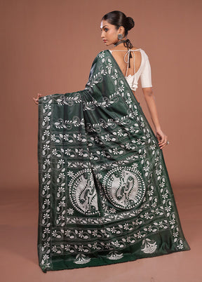 Green Kantha Stitch Silk Saree With Blouse Piece