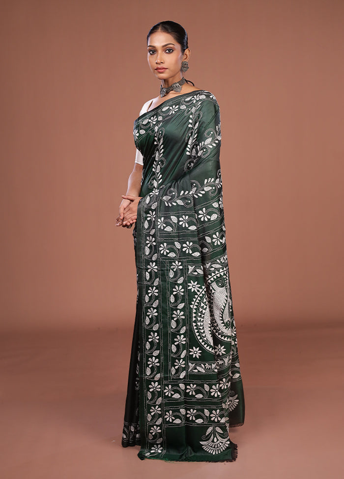 Green Kantha Stitch Silk Saree With Blouse Piece